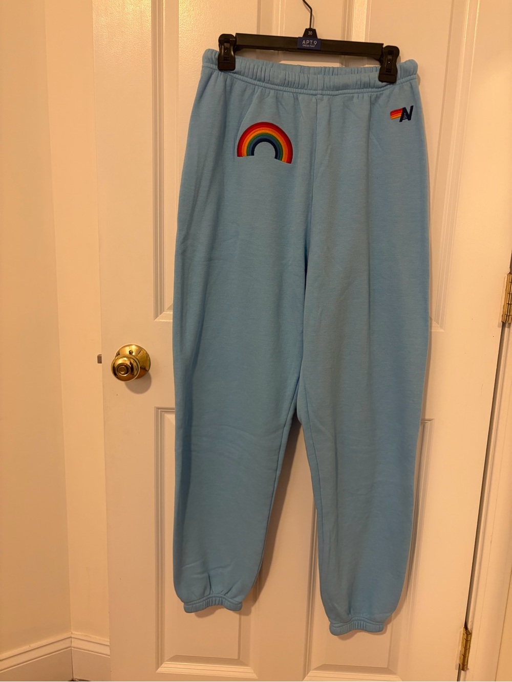 Aviator Nation Light Blue Sweatpants with Rainbow Patch - L